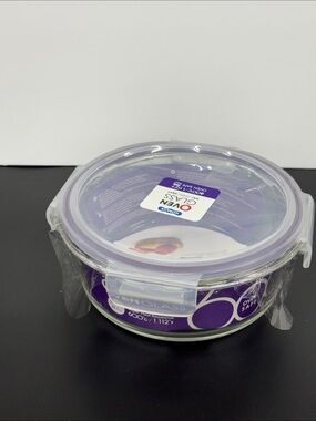 Round Glass Food Storage Bowl with Purple Lid - Oven-Safe